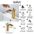 InArt single hole basin mixer tap in golden finish, top view showing lever control and waterfall outlet