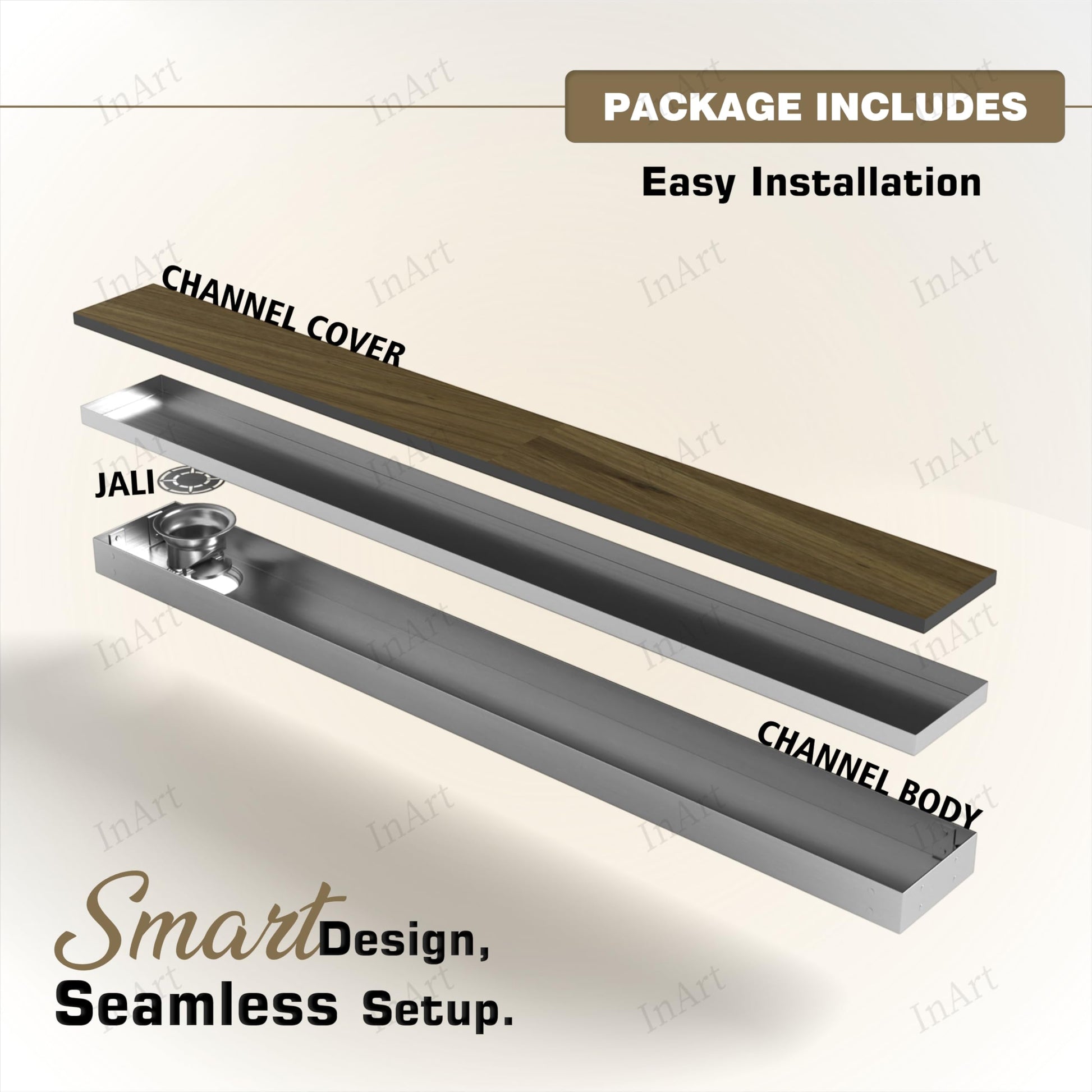 Premium 304 stainless steel linear floor drain jali 24x4 inch for washroom, dual insert design with trap