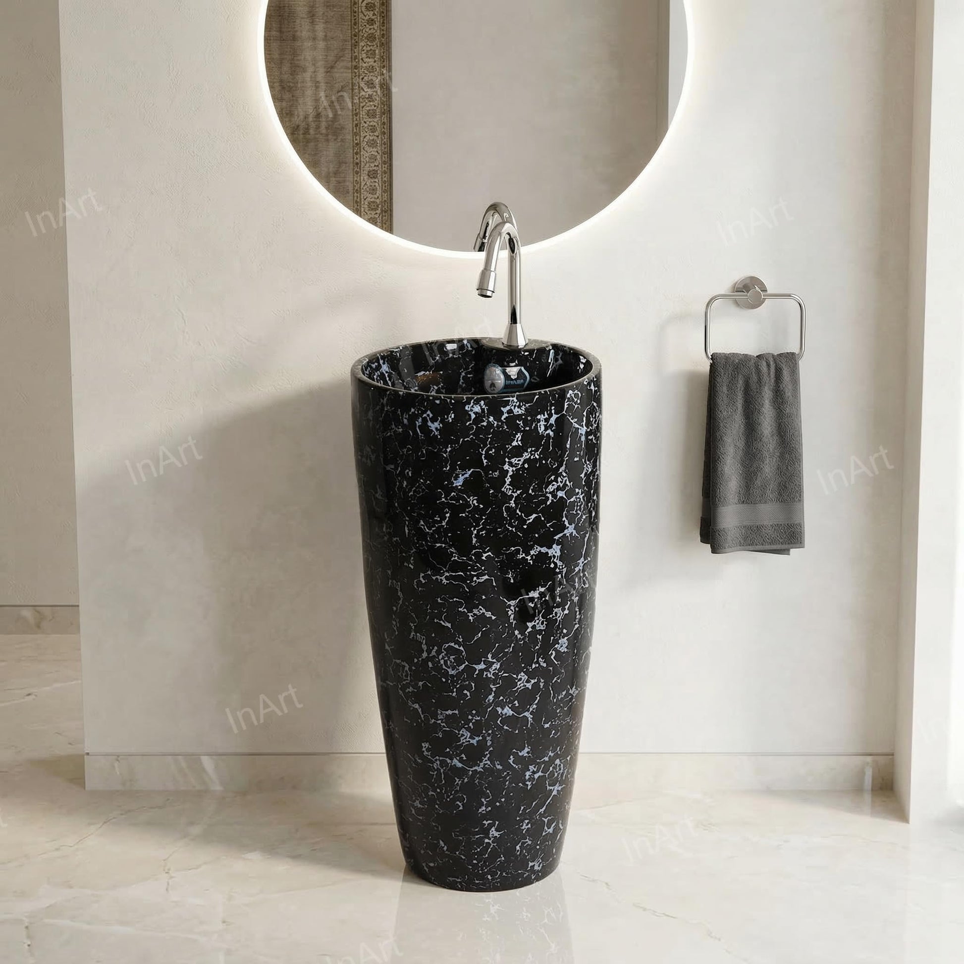 Black marble wash basin with glaze coated easy-clean ceramic surface, close-up of finish detail