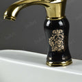 Close-up of InArt ceramic cartridge single lever basin mixer tap, black gold glossy brass body for wash basin