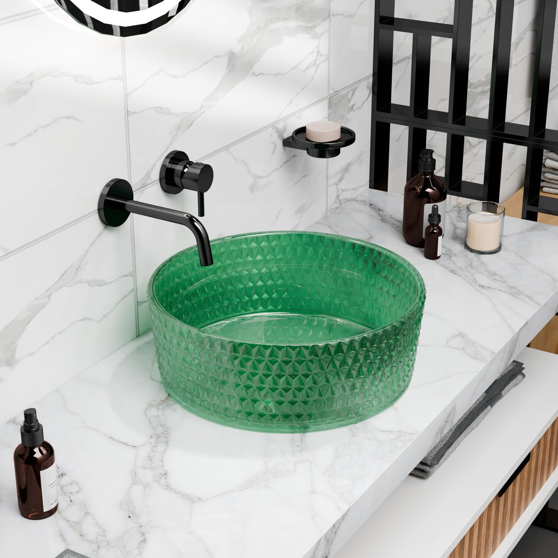 InArt green glass table top wash basin, glossy finish, modern round basin wash basin