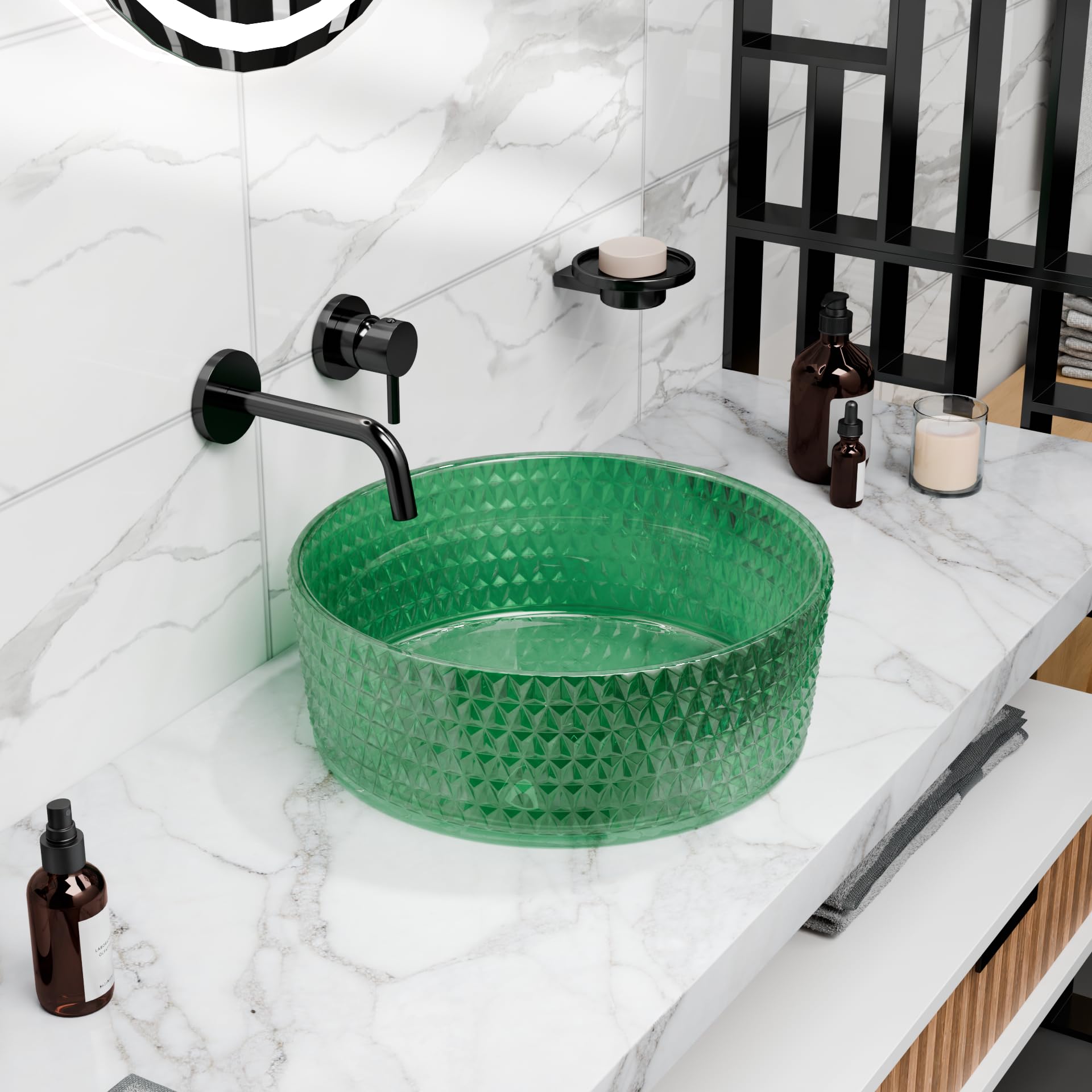 InArt green glass table top wash basin, glossy finish, modern round basin wash basin