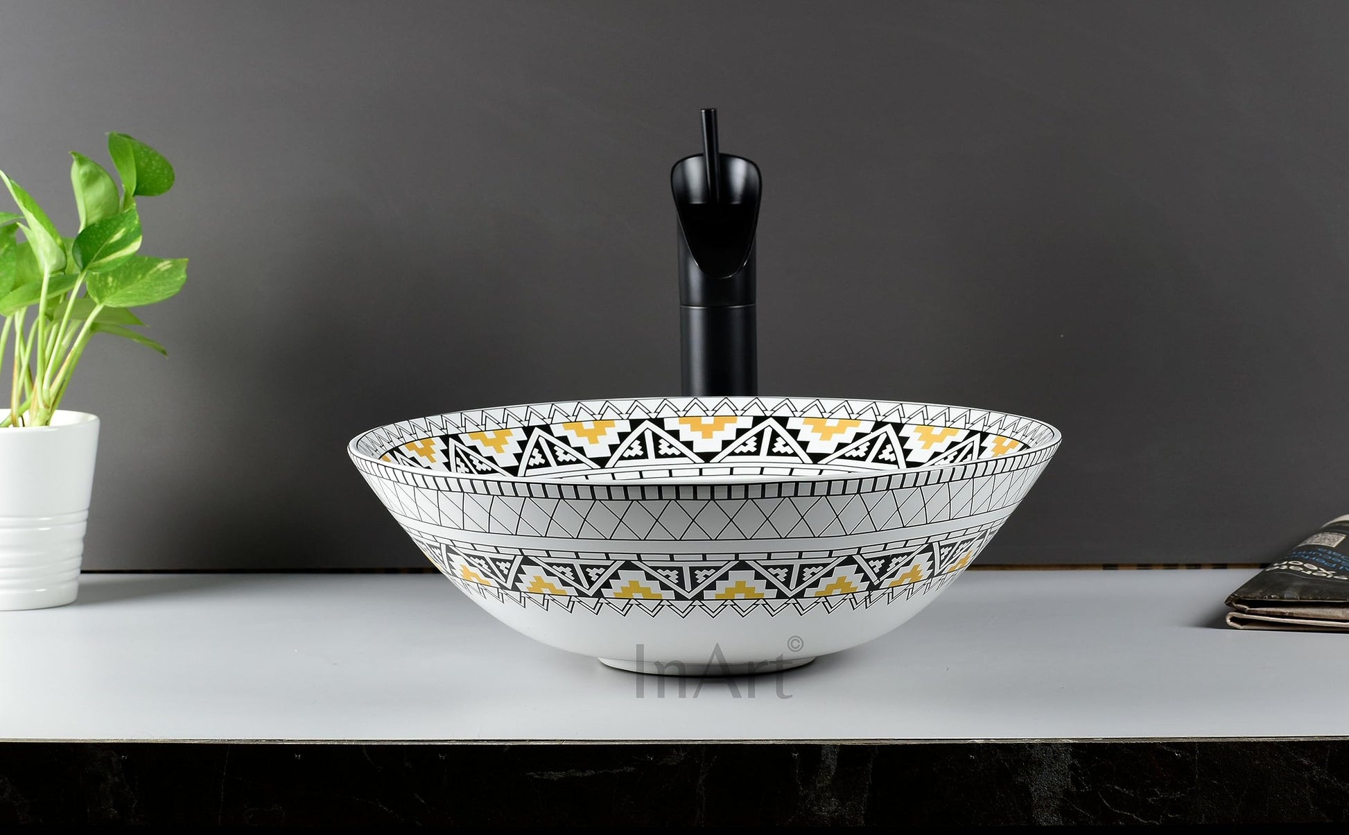 InArt table top wash basin online style shot on vanity with tap, colourful designer basin for bathroom