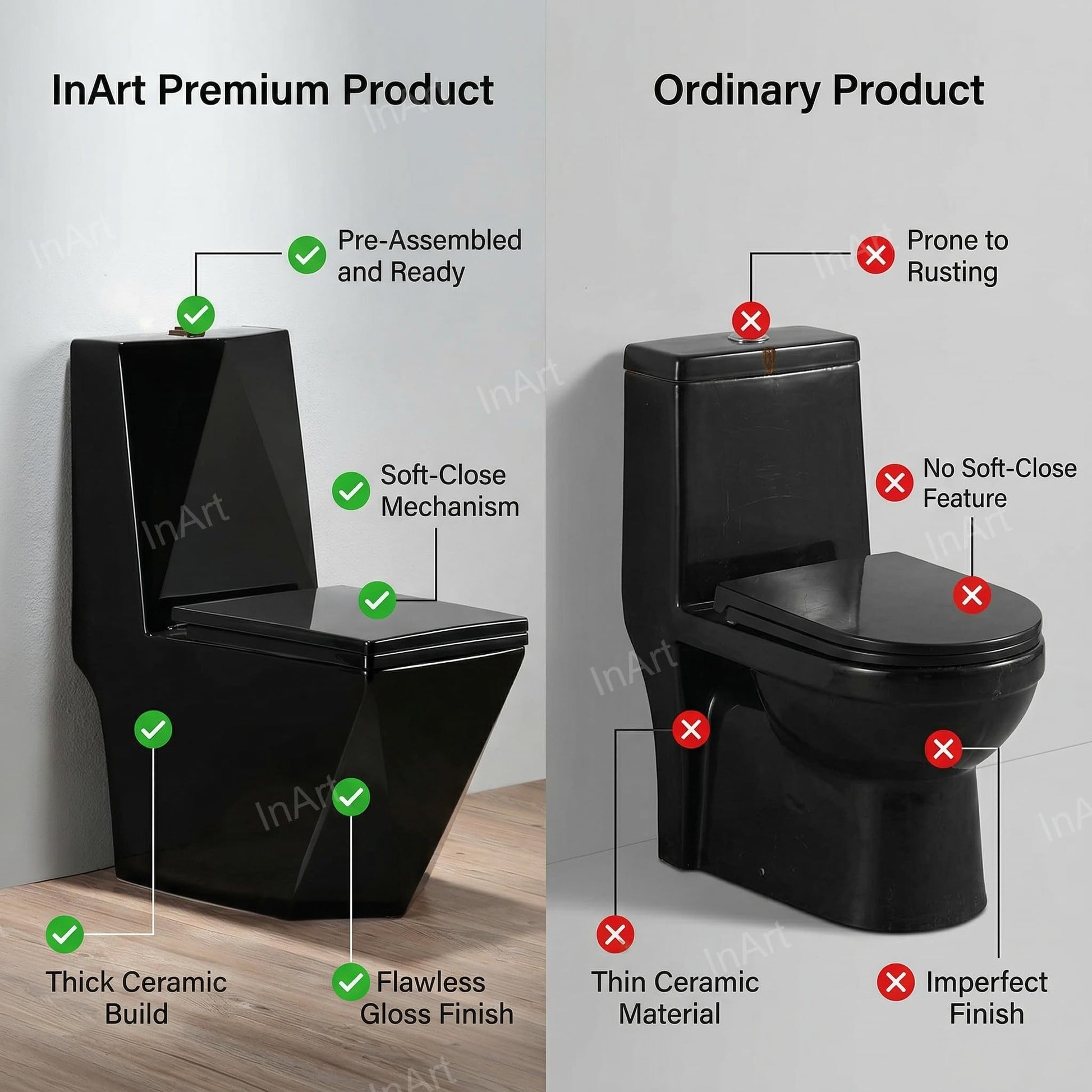 Modern bathroom upgrade with glossy black ceramic one piece western toilet, floor mounted commode in washroom