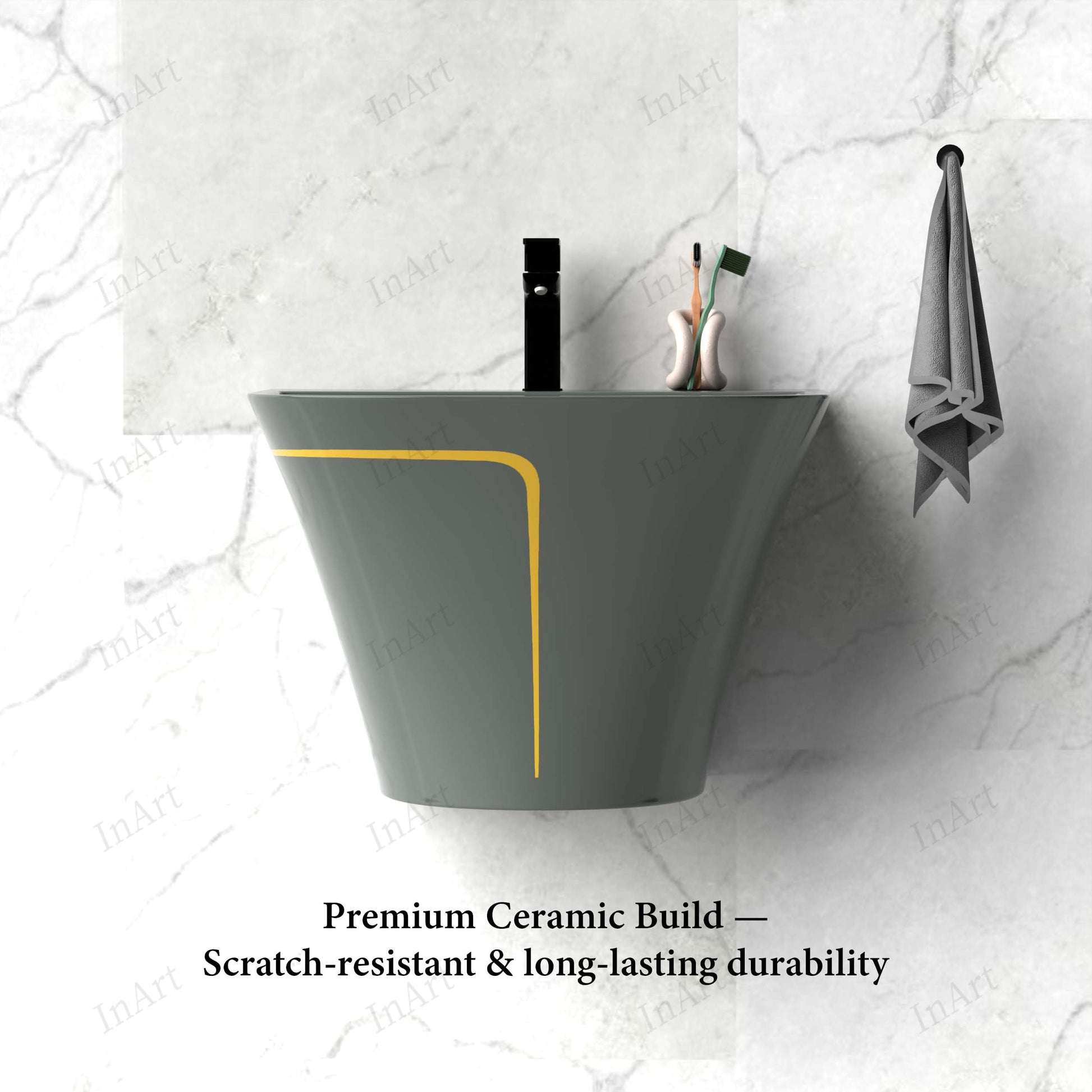 InArt half pedestal wash basin for bathroom, premium grey glossy ceramic with slim rim detail