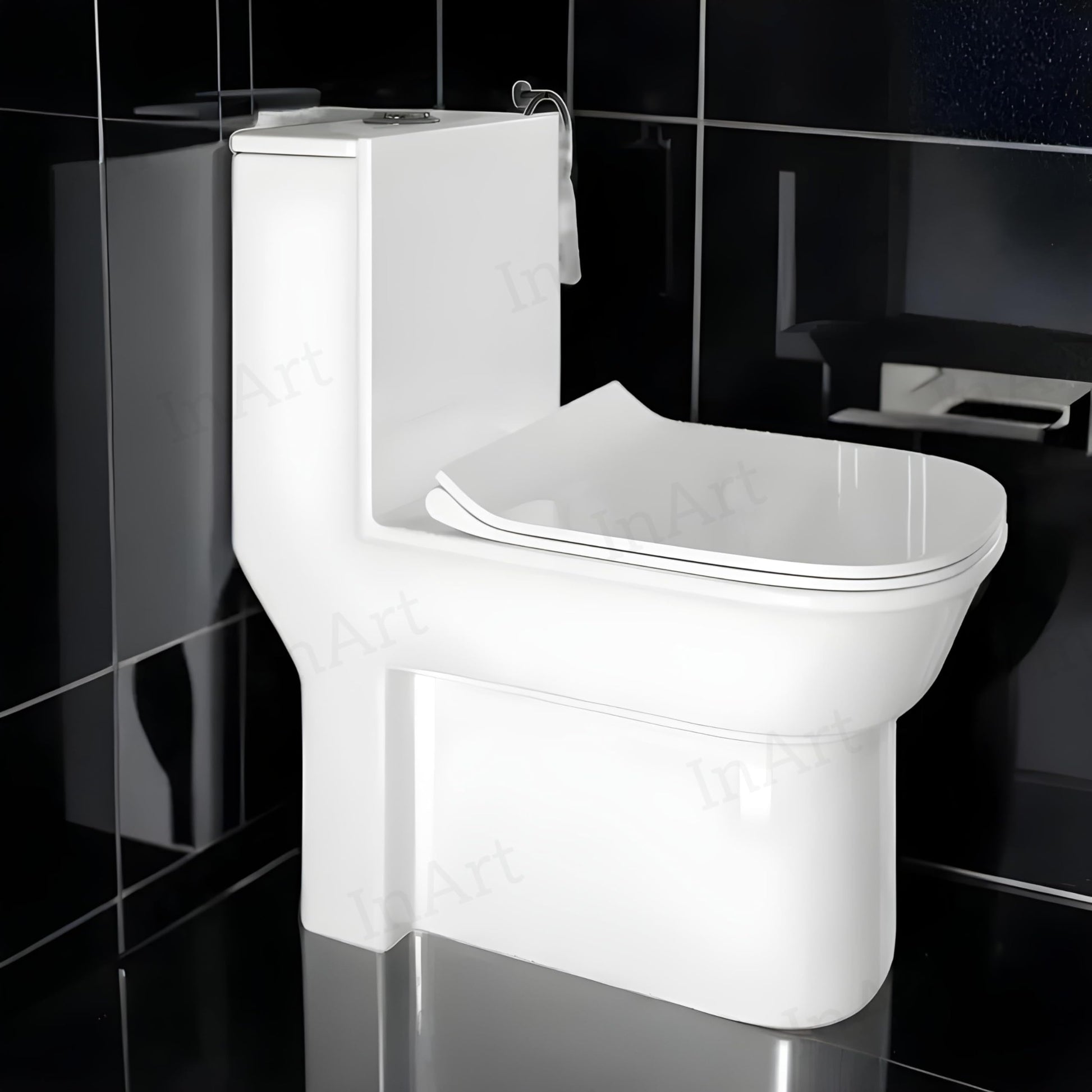 InArt single piece western commode with soft close seat, top view showing elongated oval pan and glossy finish