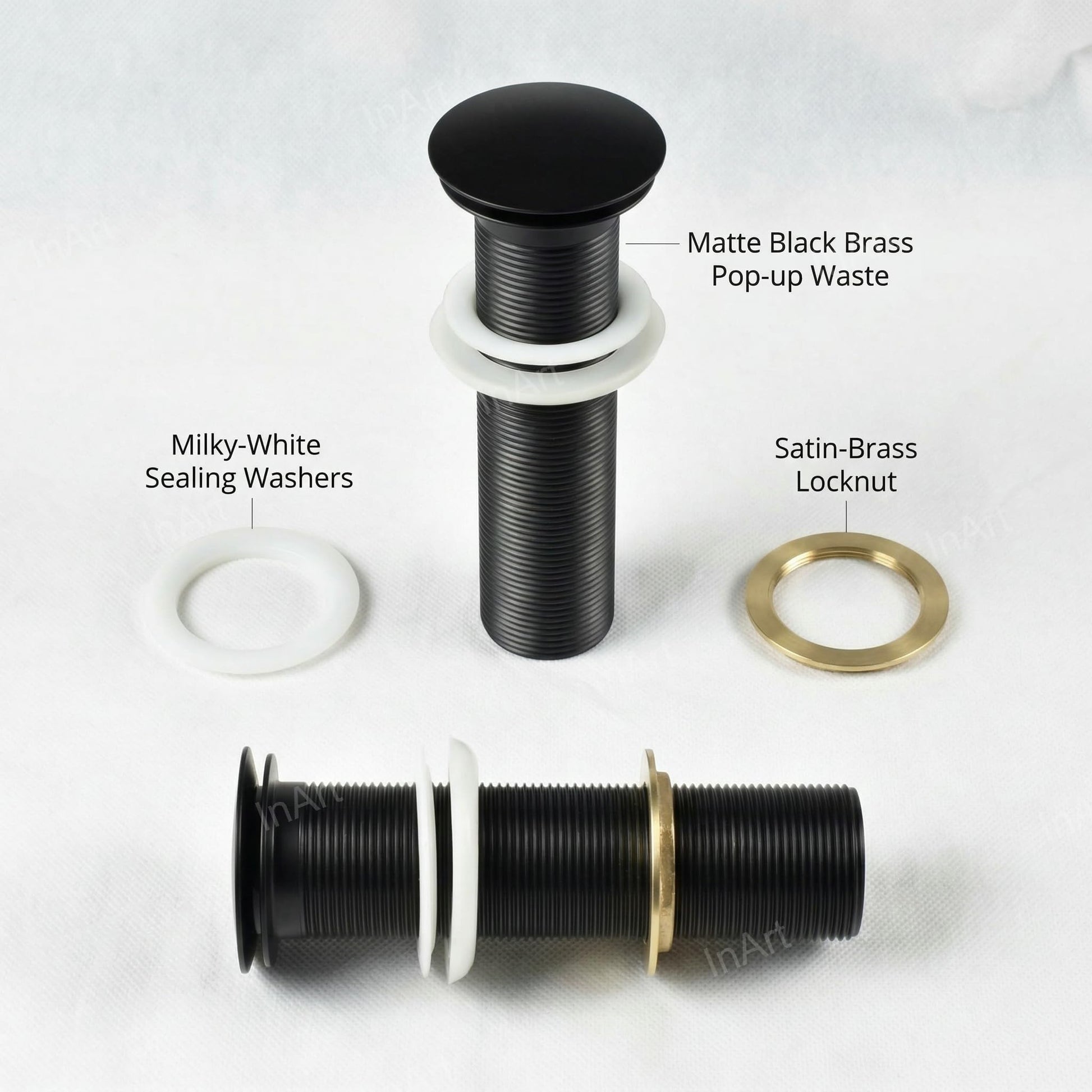 InArt bathroom sink pop up waste coupling in brass with matte black finish, 32mm drain for premium washroom