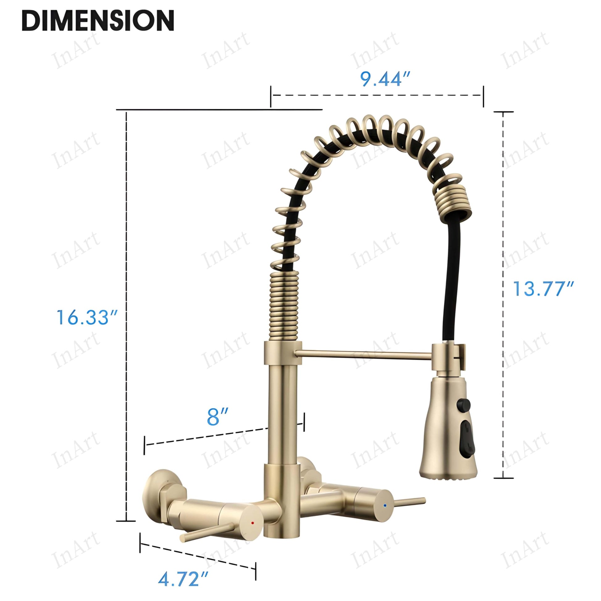 Pull out sink mixer hose and spout detail, wall mounted kitchen tap with pull down sprayer in brushed gold
