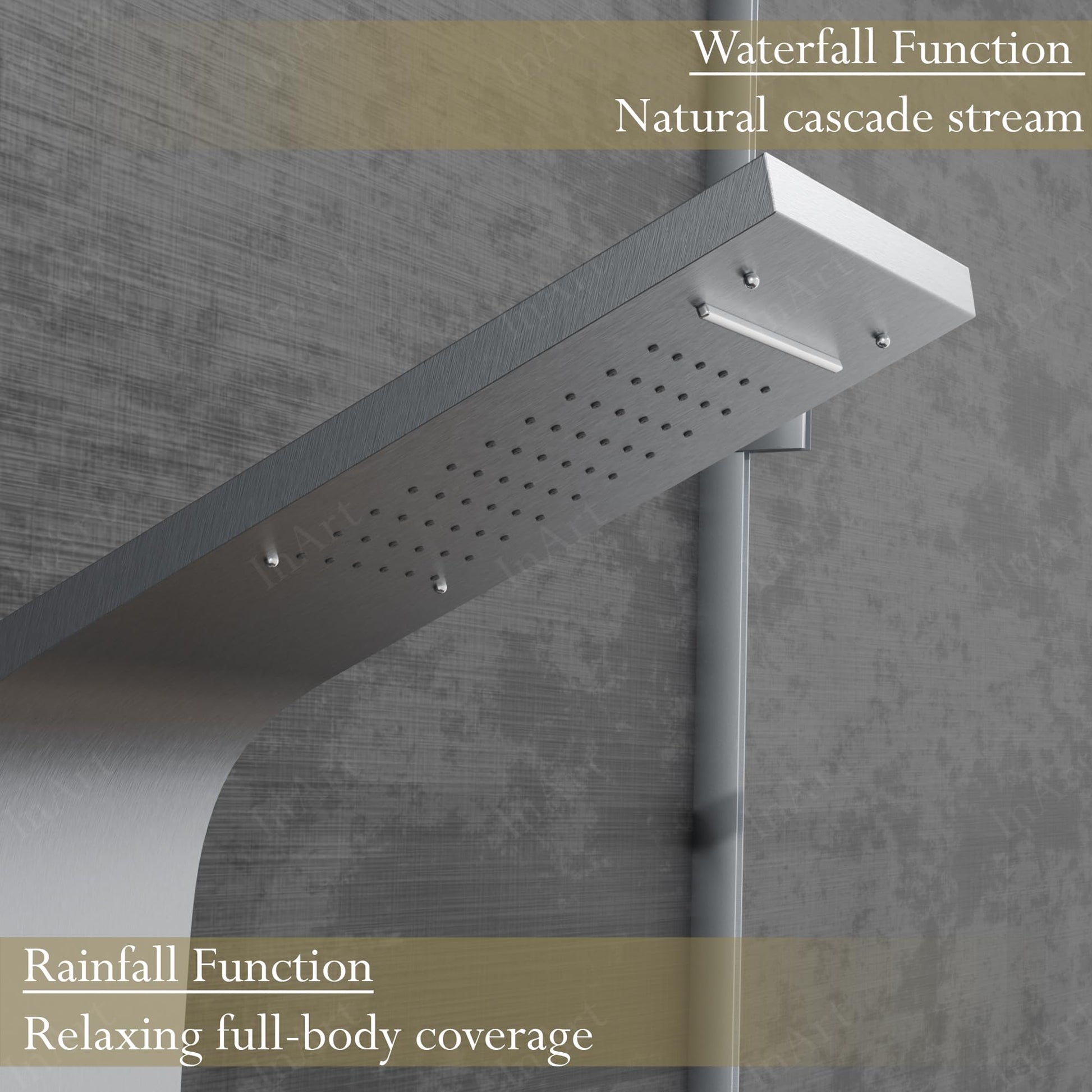 Glass shelf detail on InArt shower panel tower, brushed chrome 304 stainless steel for organised bathroom