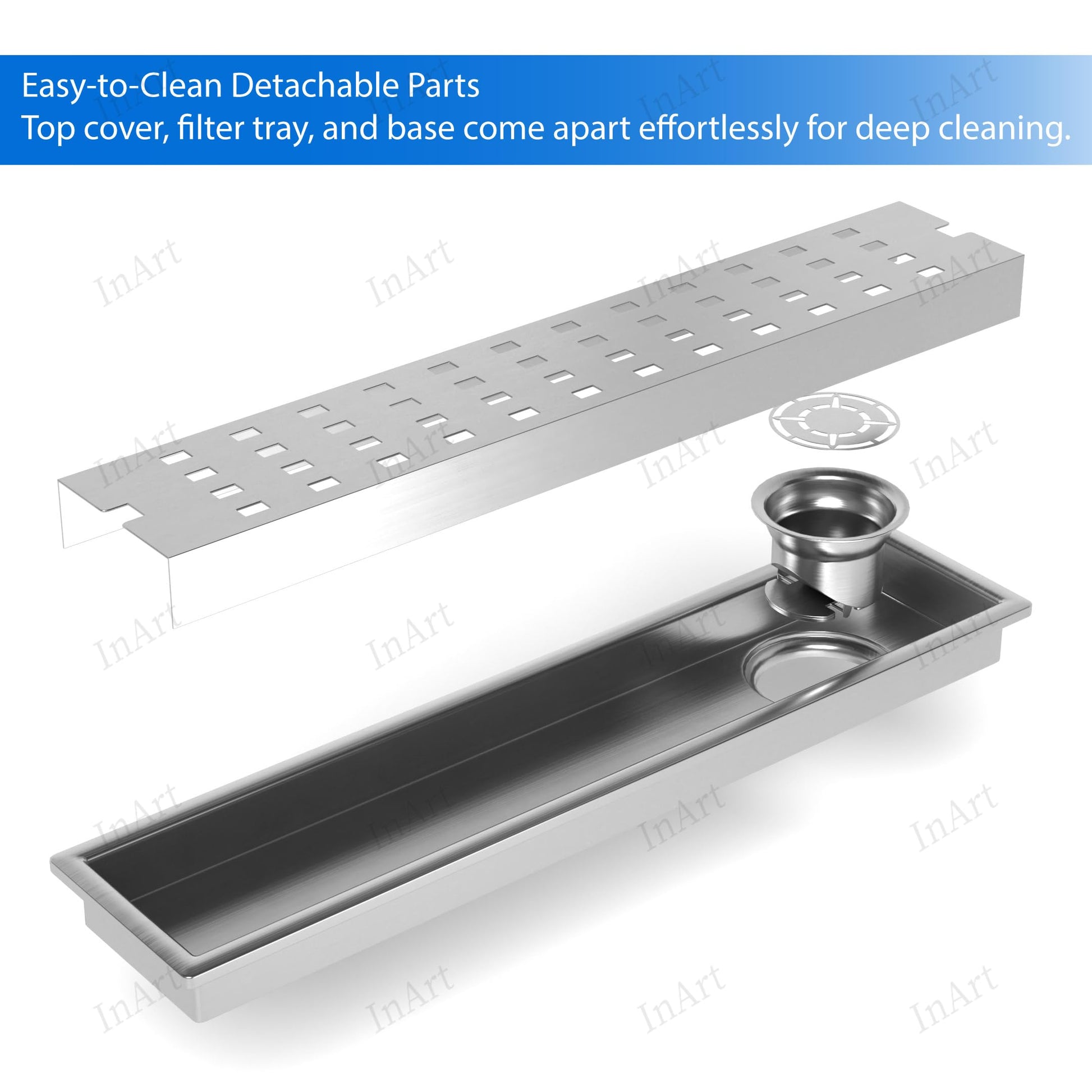 InArt boxed shower drain channel packaging with 304 stainless steel linear floor drain, unboxing view