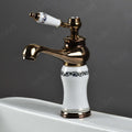 Wash basin tap hot and cold mixer, side angle showing single handle control and glossy rose gold finish