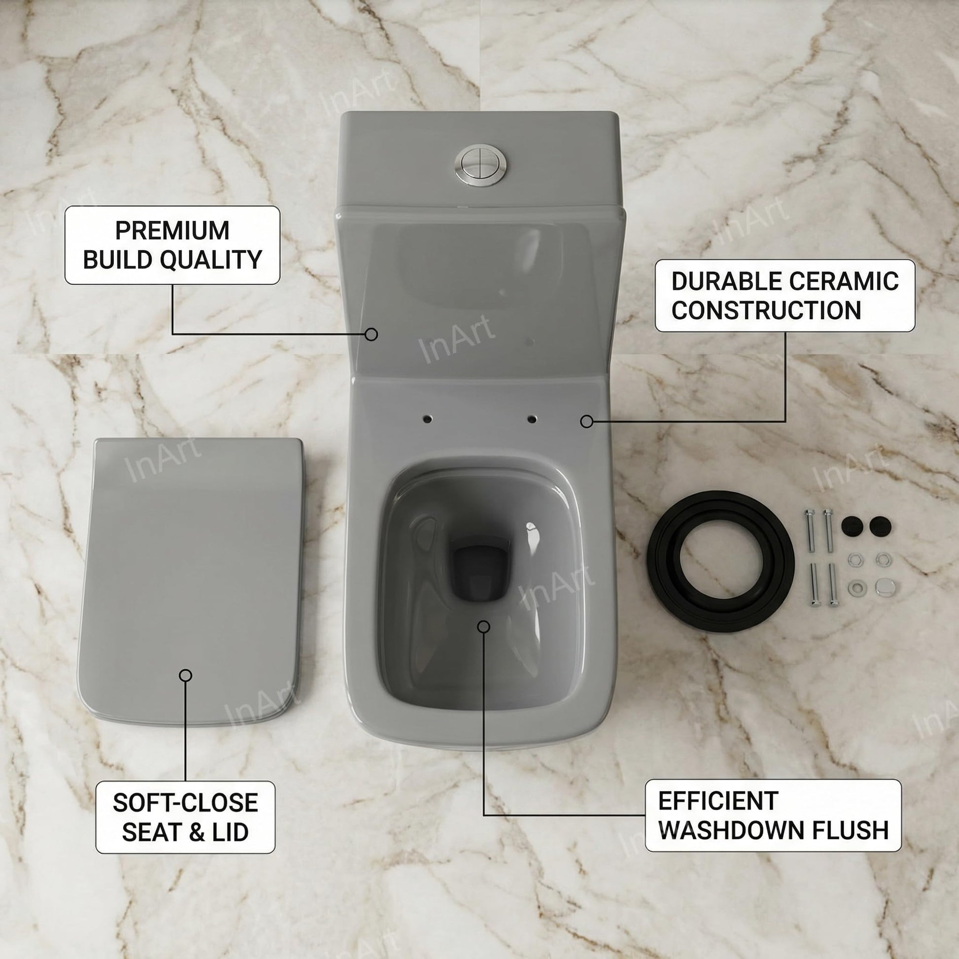 Grey one piece western toilet commode, floor mounted rectangular ceramic closet, 3/4 angle bathroom view