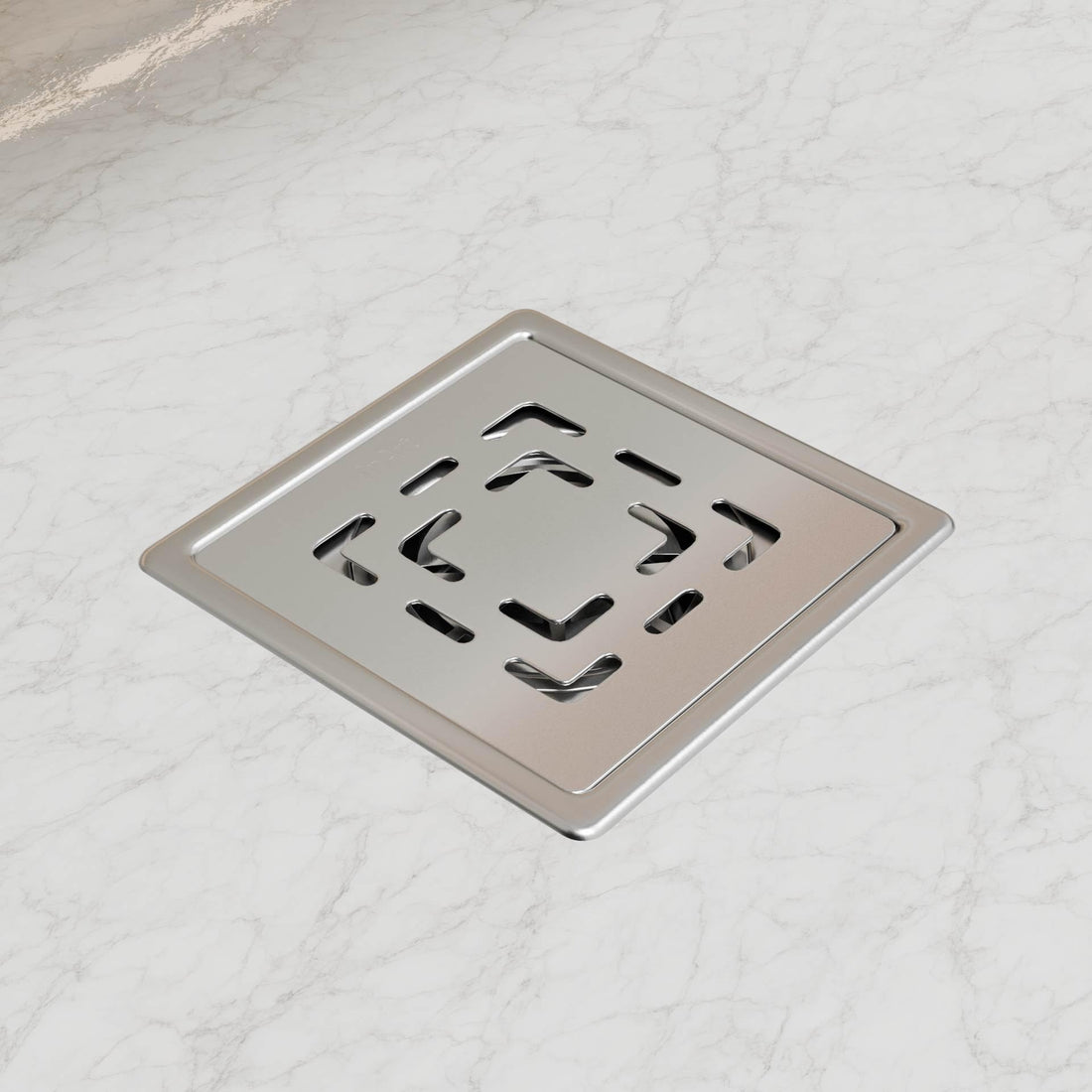 InArt square floor drain jali in 304 stainless steel, 5x5 inch silver brushed finish, top view