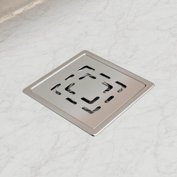 InArt 5x5 inch square floor drain jali in 304 stainless steel, silver brushed matte finish