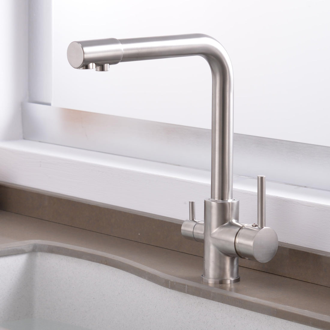 InArt brass swan neck kitchen sink tap price option in brushed chrome, 360° swivel deck mounted mixer