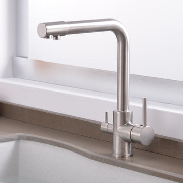 InArt swan tap in brushed chrome brass, 3-way kitchen sink tap with 360° swivel spout and dual lever