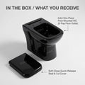 Back and base view of ceramic floor mounted western toilet, black single piece commode with concealed plumbing look