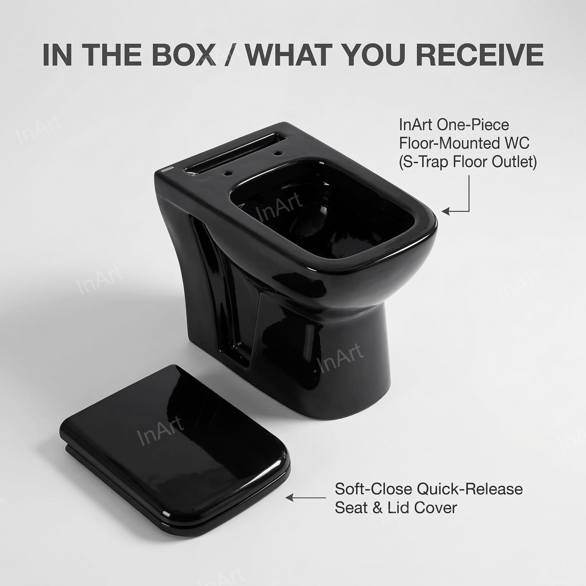 Back and base view of ceramic floor mounted western toilet, black single piece commode with concealed plumbing look