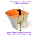 Satin finish orange grey matt ceramic wash basin with tap hole, rectangular wall hung basin detail view