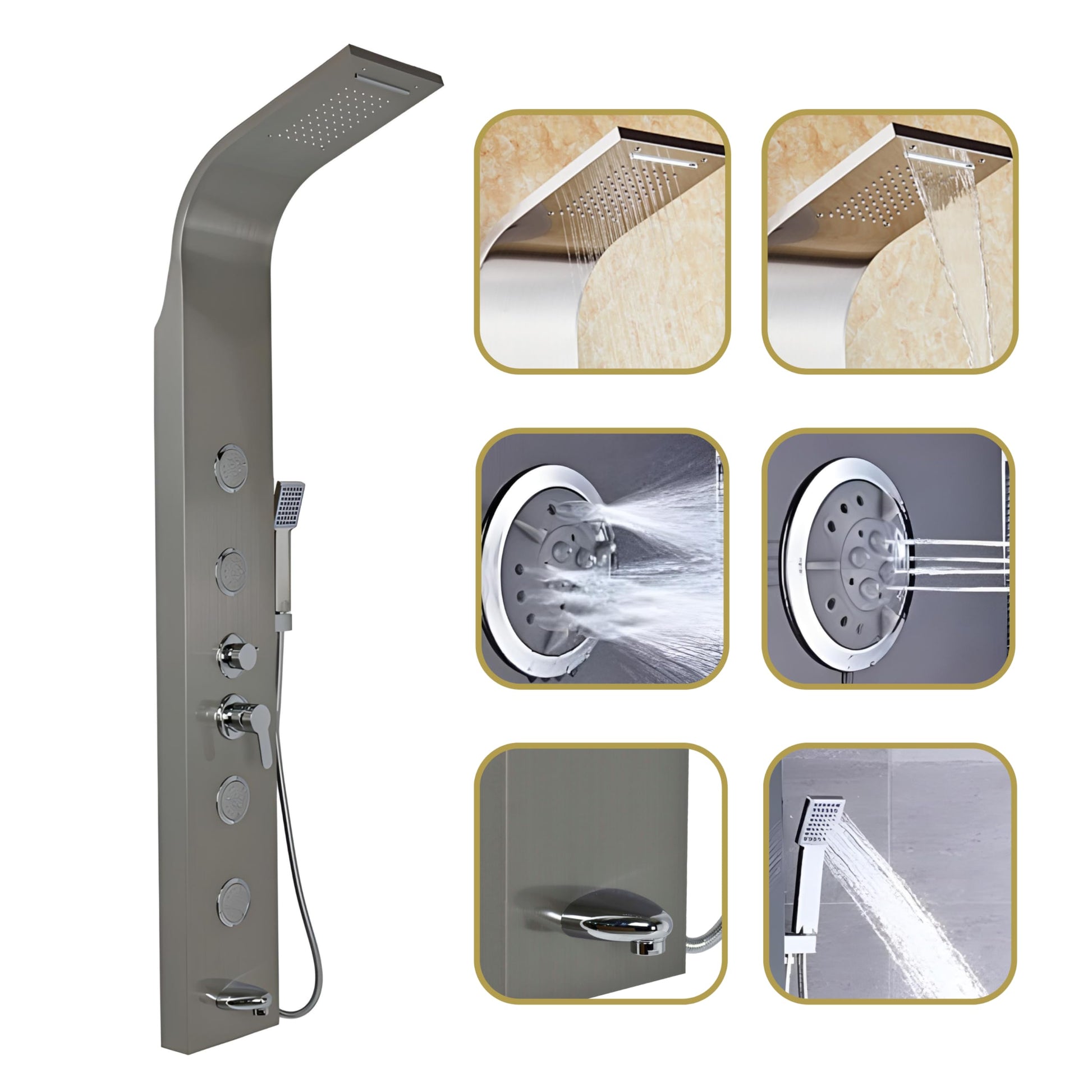 InArt chrome shower tower in 304 stainless steel, rectangular brushed finish shower panel front view
