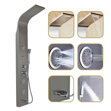 InArt chrome shower tower in 304 stainless steel, rectangular brushed finish shower panel front view