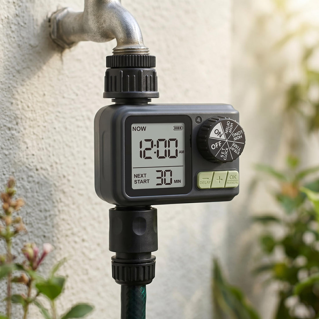 Digital tap timer with LCD display for automatic watering schedule control