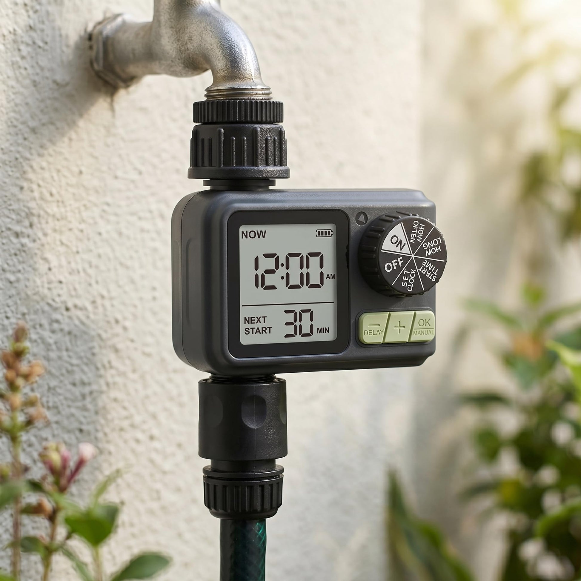 Digital tap timer with LCD display for automatic watering schedule control