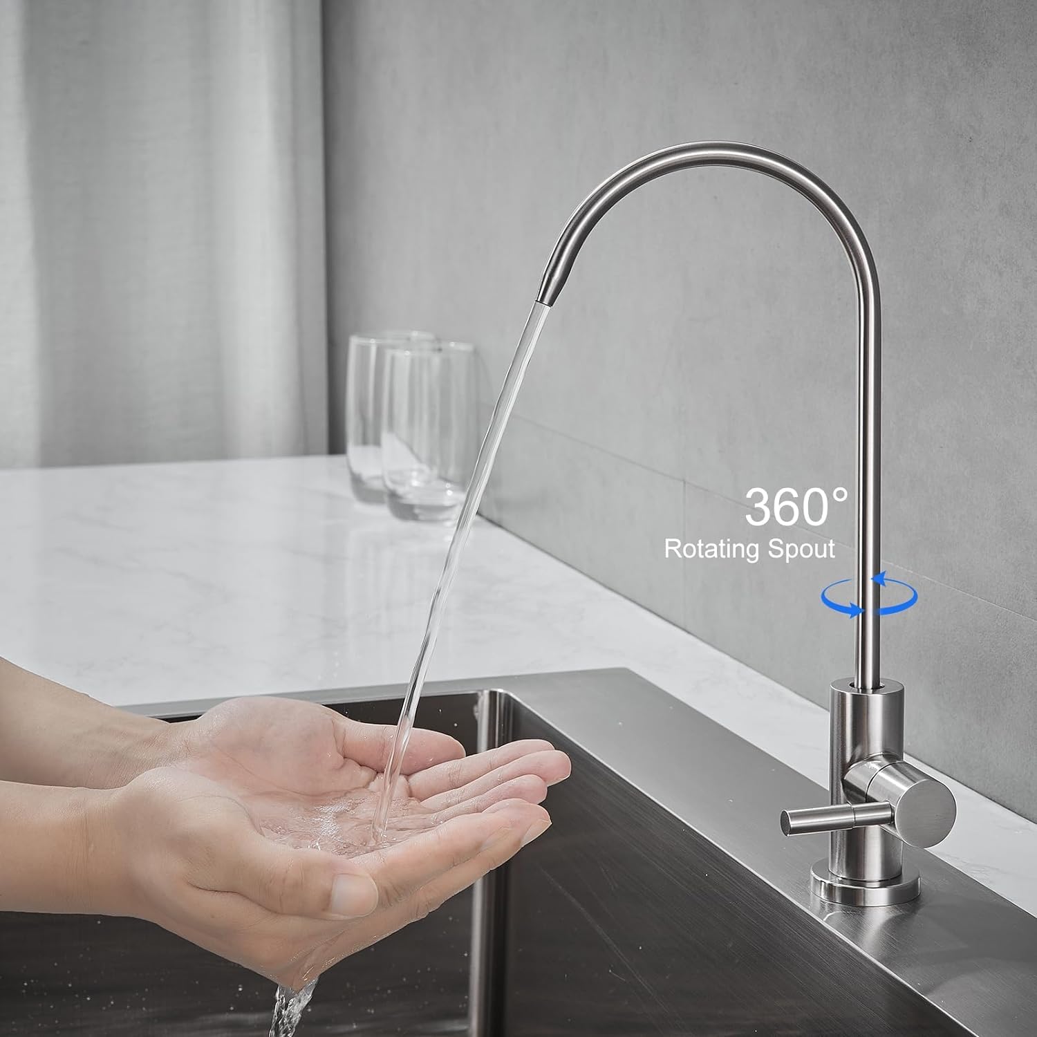 InArt tap water filter for sink, brushed nickel RO drinking water tap installed on kitchen counter