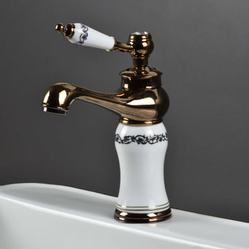 InArt wash basin mixer tap in rose gold, zinc body with ceramic cartridge, waterfall spout, deck mount