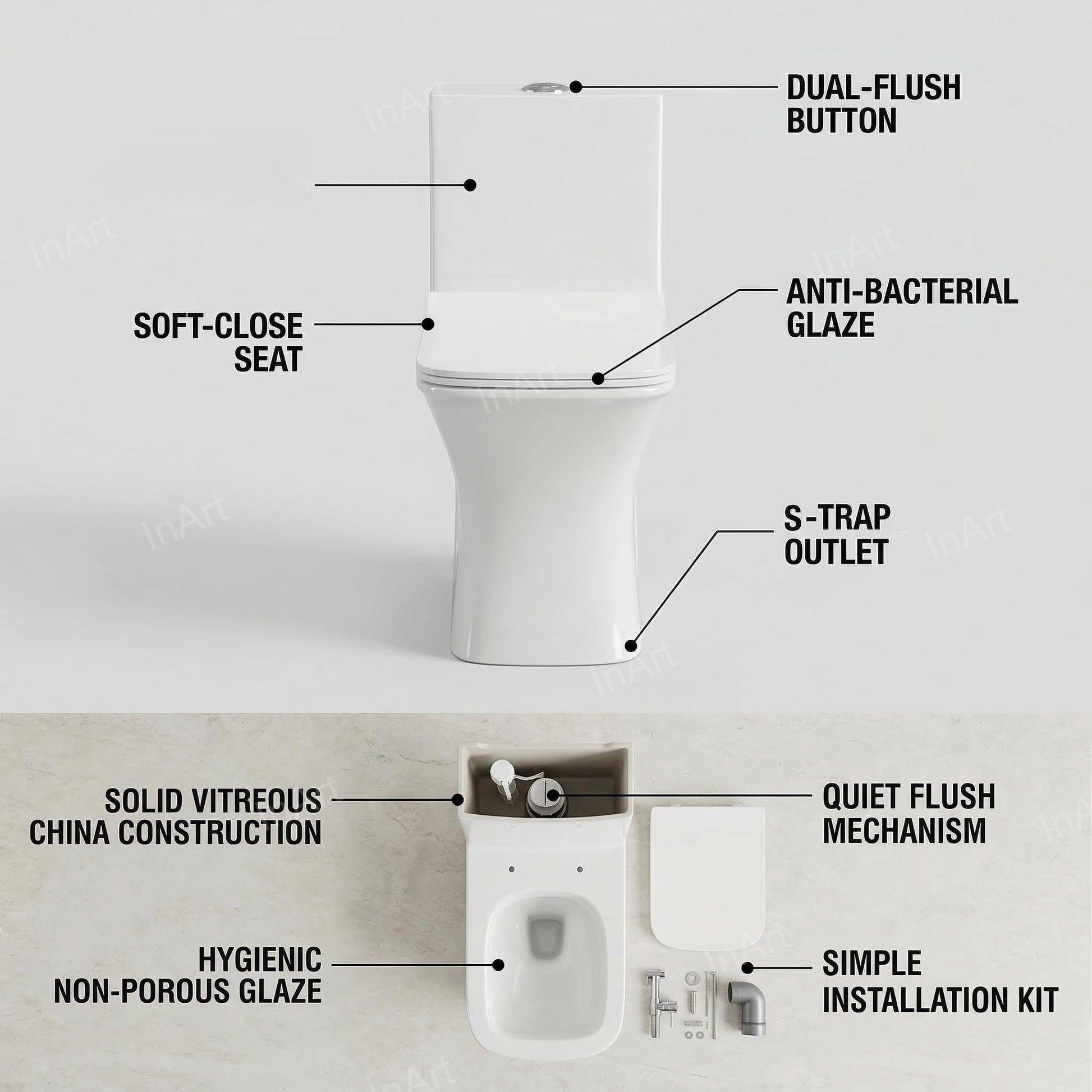 Modern bathroom commode design, ceramic one piece western toilet with soft close seat cover, side angle view