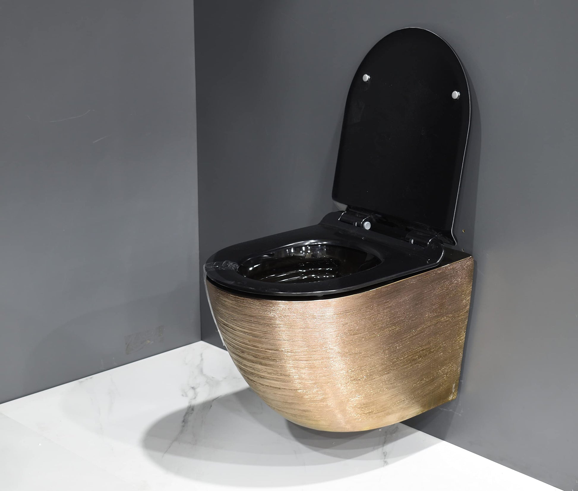 Premium sanitaryware wall hung WC with P trap wall outlet, rose gold oval ceramic commode for modern washroom