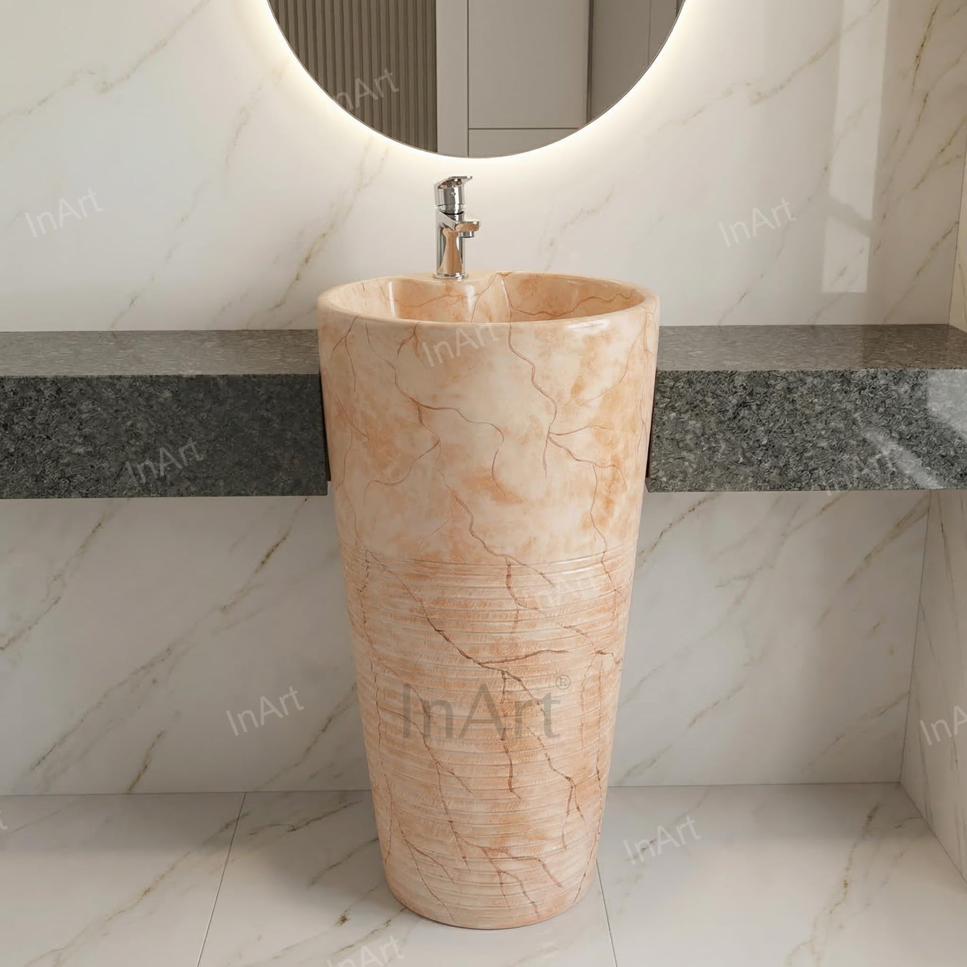 Washbasin design for hall with orange marble ceramic pedestal wash basin, tall free standing round basin