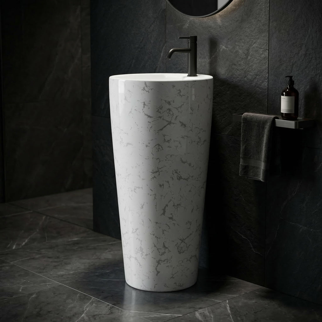 InArt ceramic round pedestal wash basin design in glossy white marble finish, front view