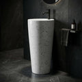 InArt ceramic round pedestal wash basin design in glossy white marble finish, front view