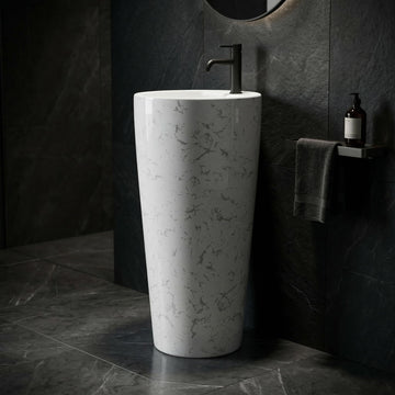 InArt ceramic round pedestal wash basin design in glossy white marble finish, front view