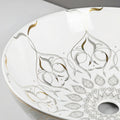 Round tabletop washbasin on wash basin table, white and gold finish for contemporary Indian bathroom