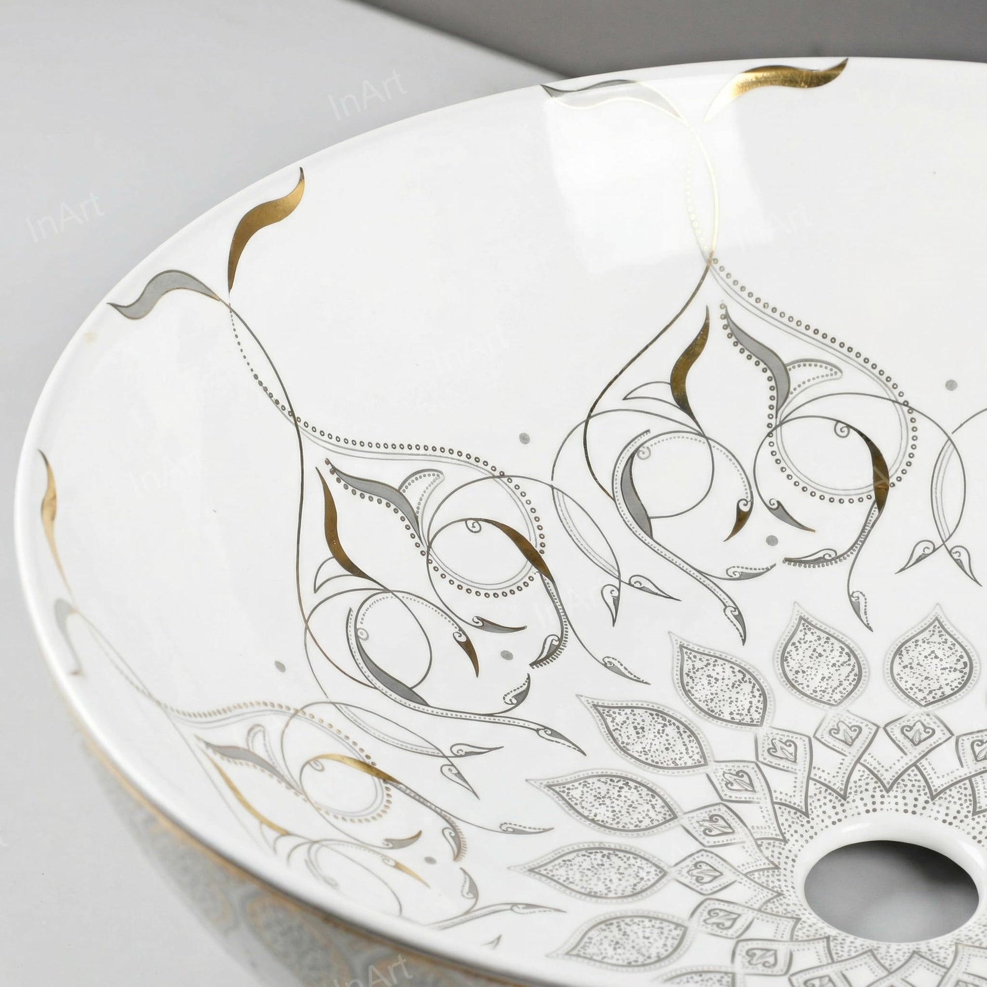 Round tabletop washbasin on wash basin table, white and gold finish for contemporary Indian bathroom