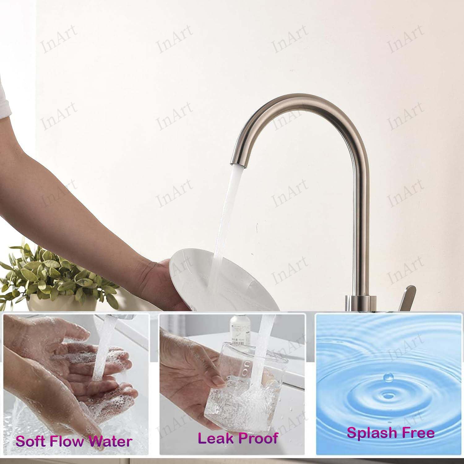 Kitchen basin mixer tap with swan neck swivel spout, brushed chrome SS 304 pillar tap for Indian kitchen sink