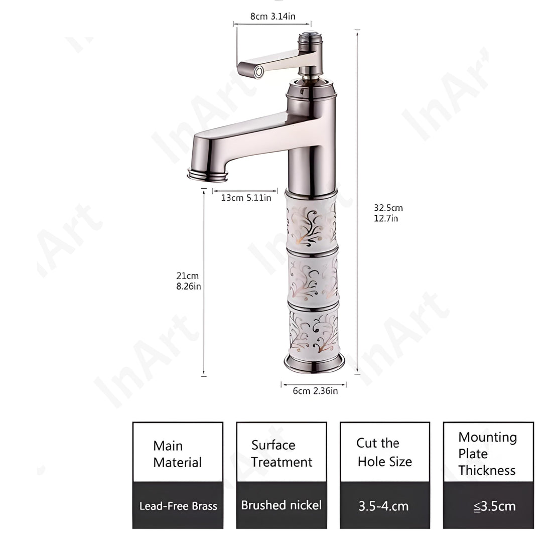 InArt washing basin tap in antique silver zinc alloy, single lever waterfall spout, 12 inch high arc