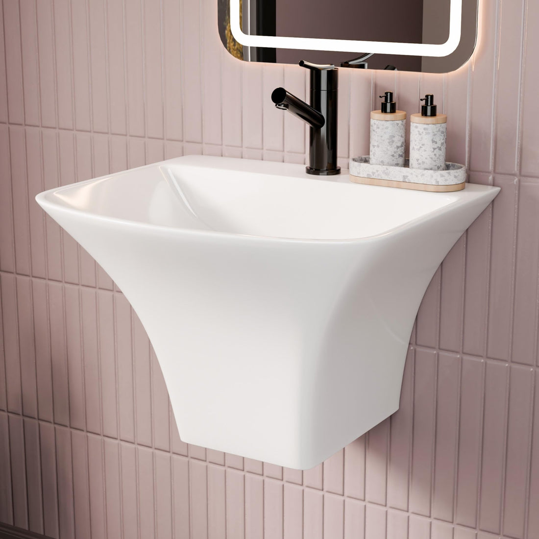 InArt wall mounted wash basin in glossy white ceramic, rectangular slim rim with half pedestal, front view