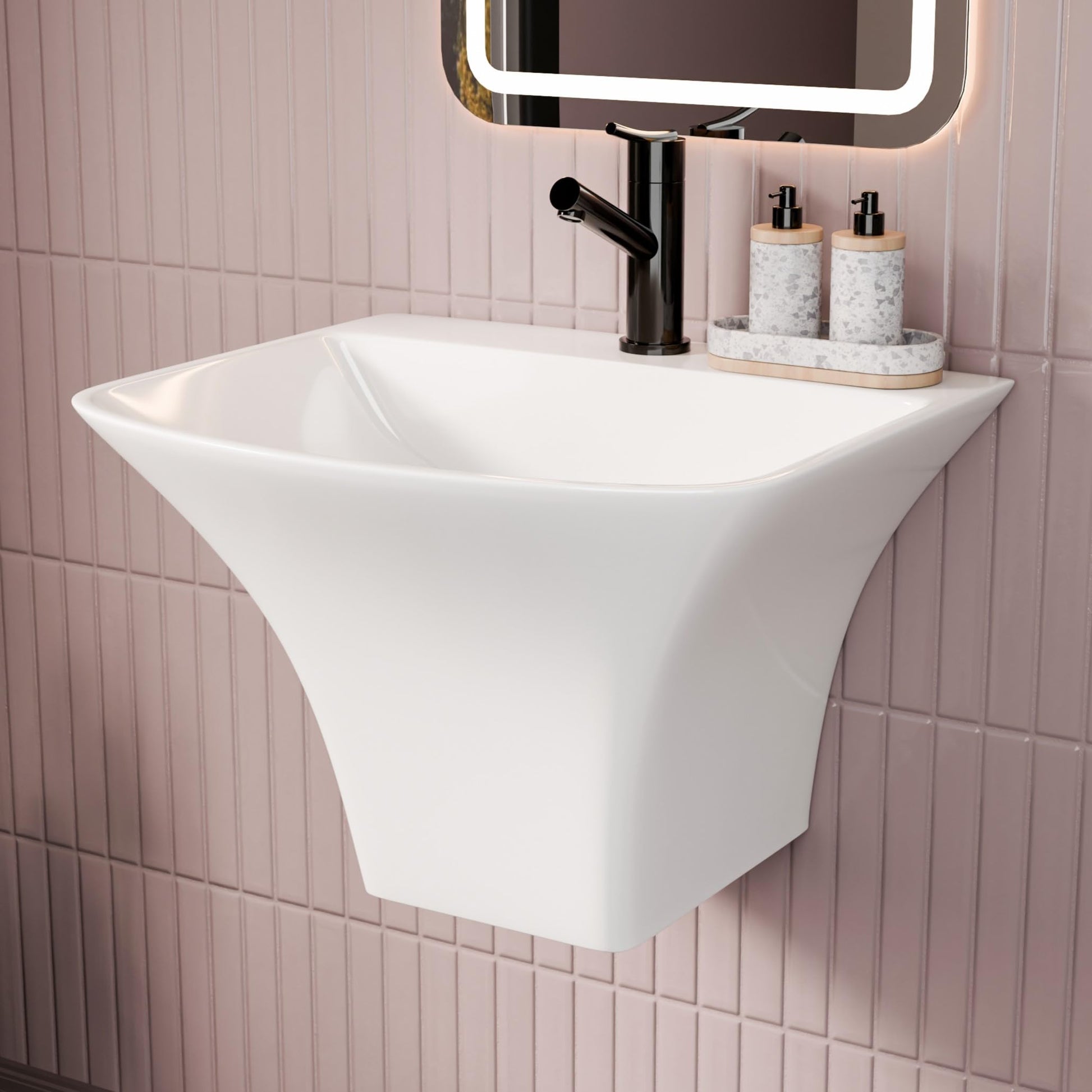 InArt wall mounted wash basin in glossy white ceramic, rectangular slim rim with half pedestal, front view