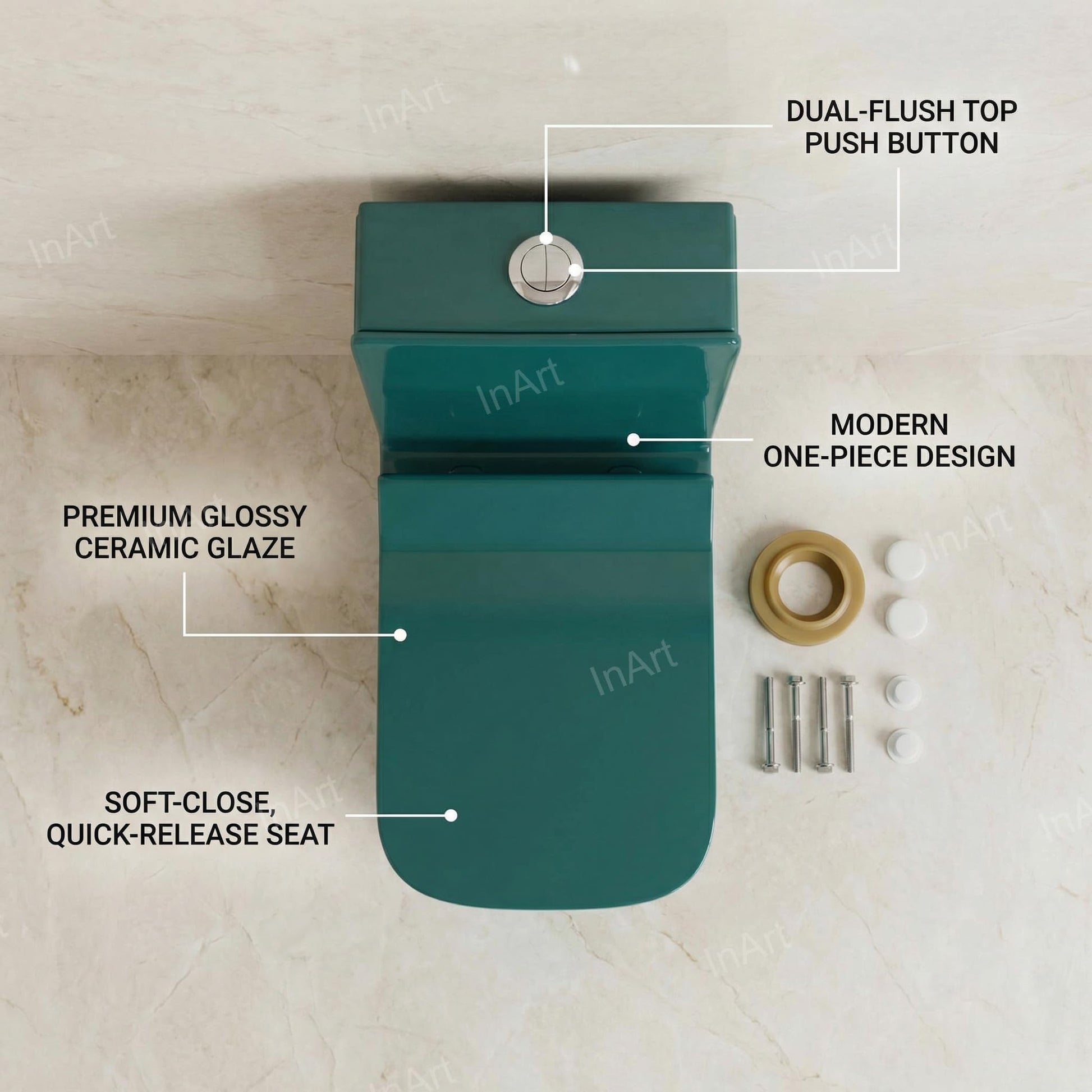 Green one piece western toilet floor mounted P-trap commode, compact washdown design, angled side view