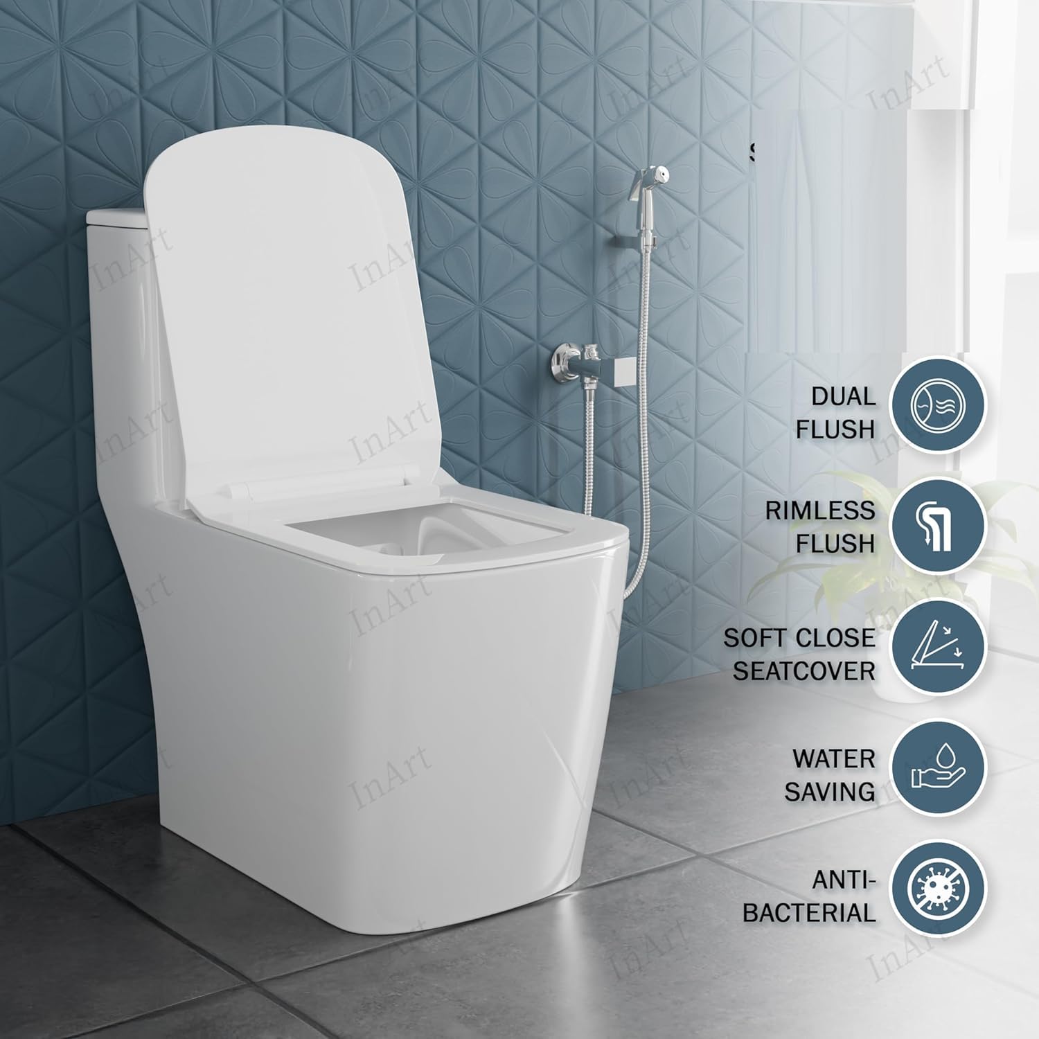 Modern bathroom one-piece western toilet in glossy white ceramic, oval commode rear angle with P-trap 7 inch