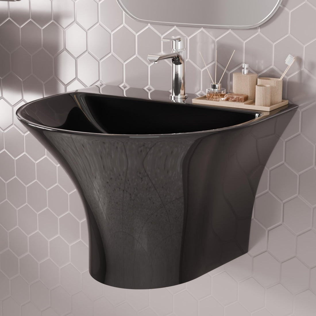 Glossy black oval ceramic wall hung wash basin front view
