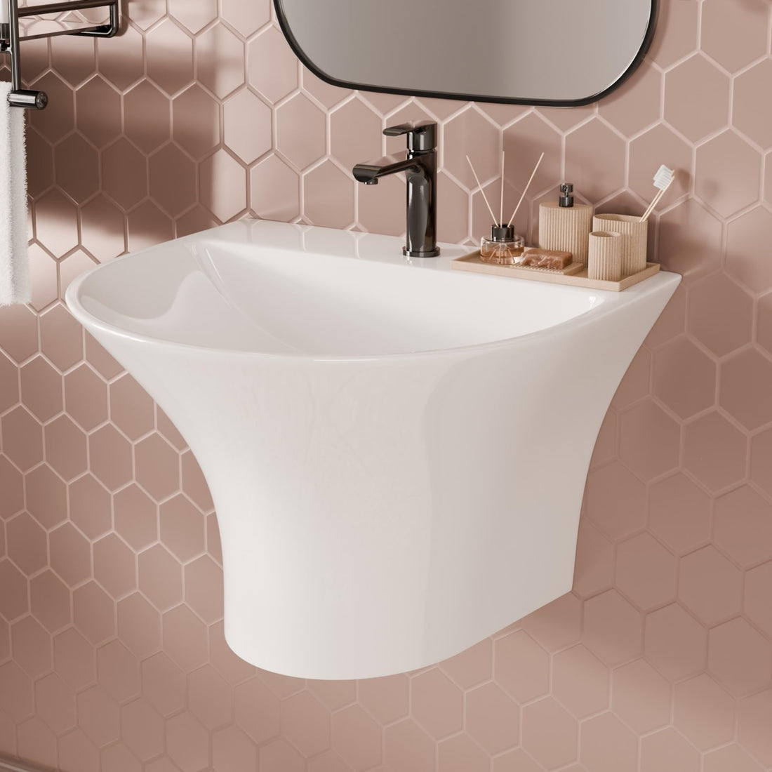 InArt wall mounted wash basin in glossy white ceramic, rectangular half pedestal design, front view