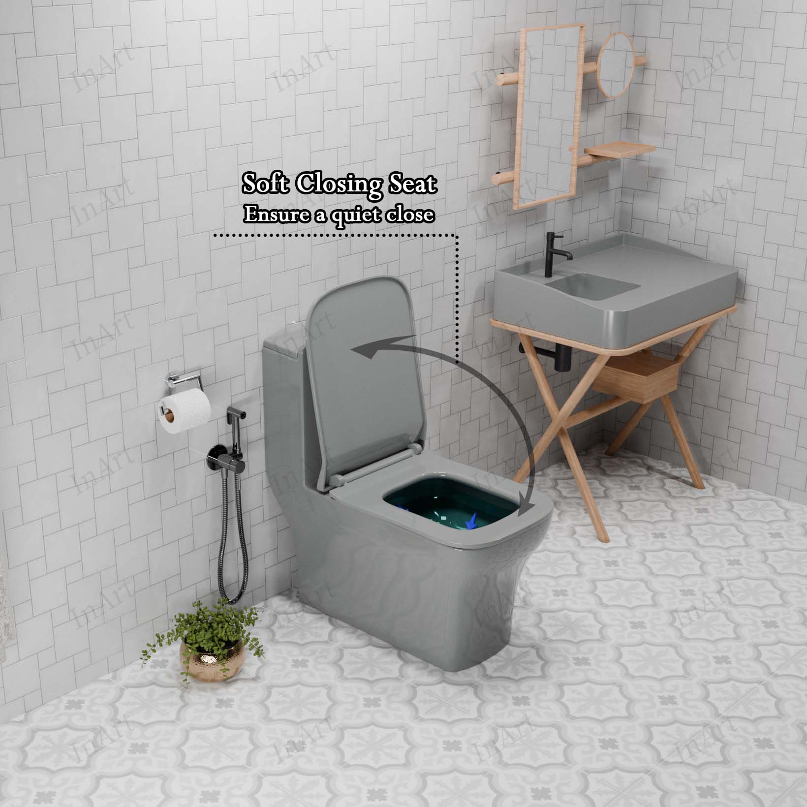 InArt premium sanitaryware grey one piece commode in modern bathroom setting, floor mounted western toilet look