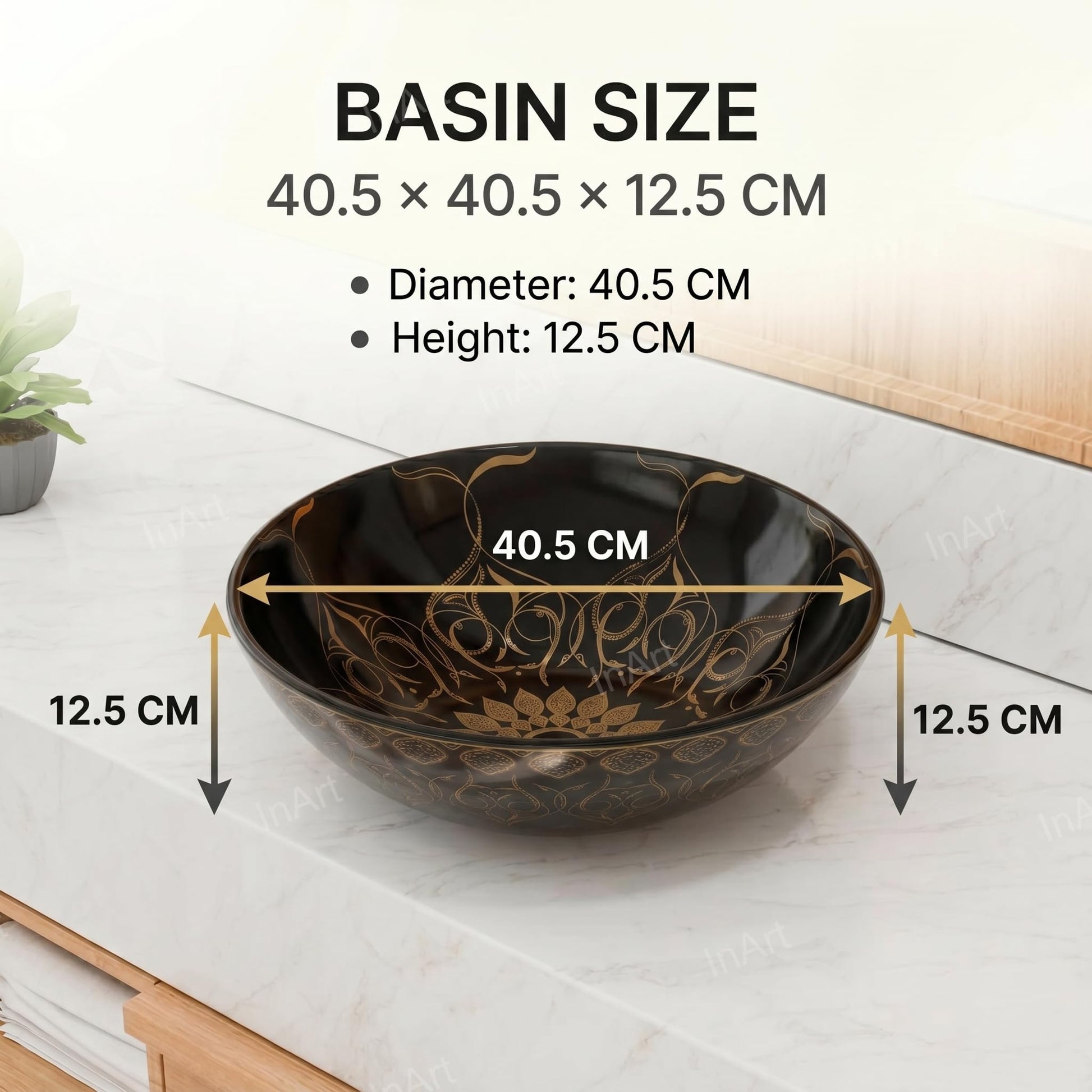 Close-up of black gold wash basin colour design, smooth ceramic glaze and rim detailing