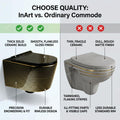 Soft close seat cover detail on InArt wall hung WC, oval ceramic commode in black golden colour