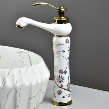 InArt single lever basin mixer tap in white gold antique finish, zinc body, waterfall spout, 12 inch