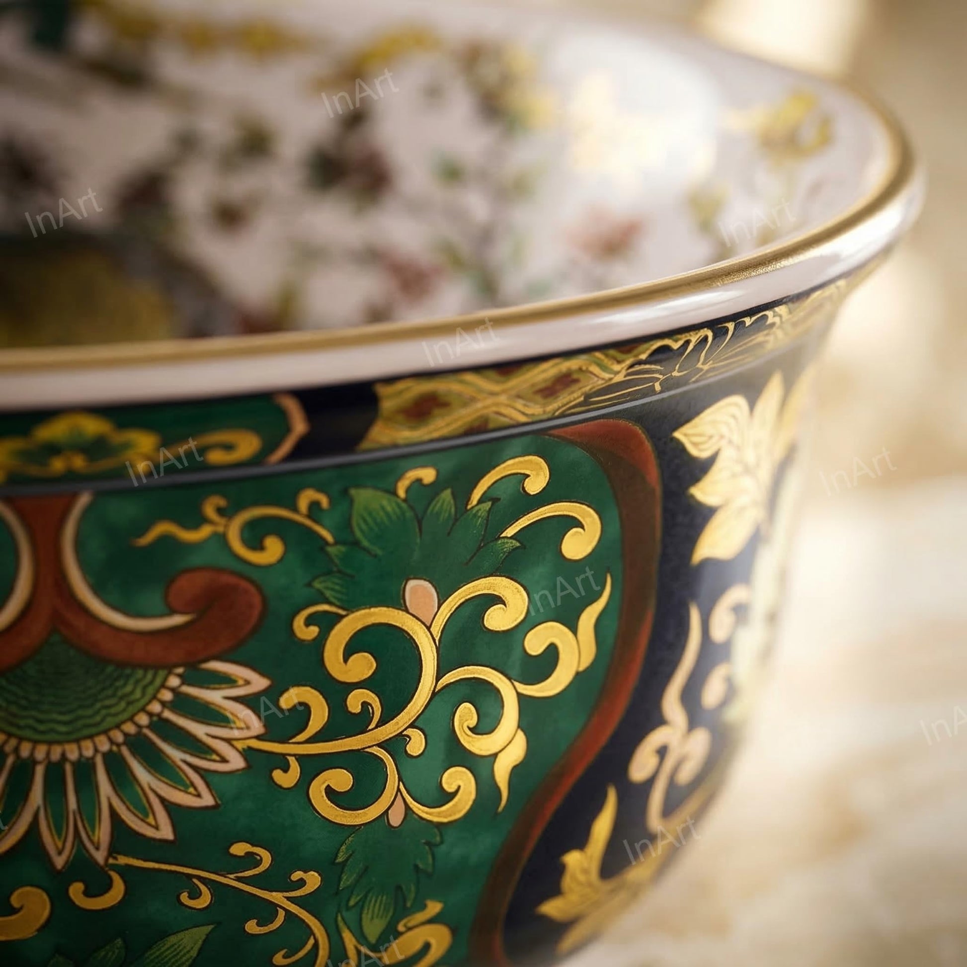 Square table top wash basin counter design in ceramic, glossy finish with vibrant multi colour detailing